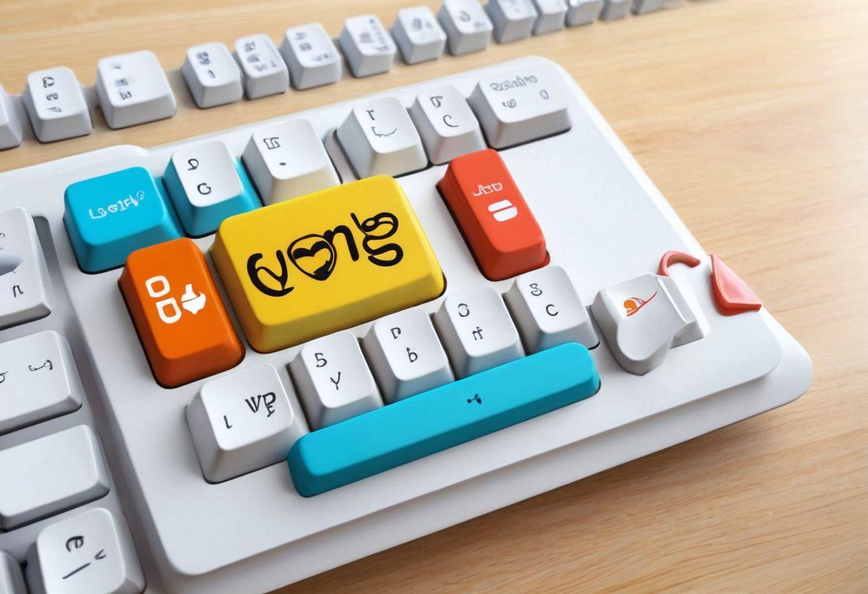 An artistic depiction of a vibrant QWERTY keyboard with colorful keys, animated fingers typing joyfully, surrounded by floating musical notes and cheerful emojis, symbolizing the fun of typing. Background features a softly blurred home office with motivational quotes on the walls. bright colors. digital art.