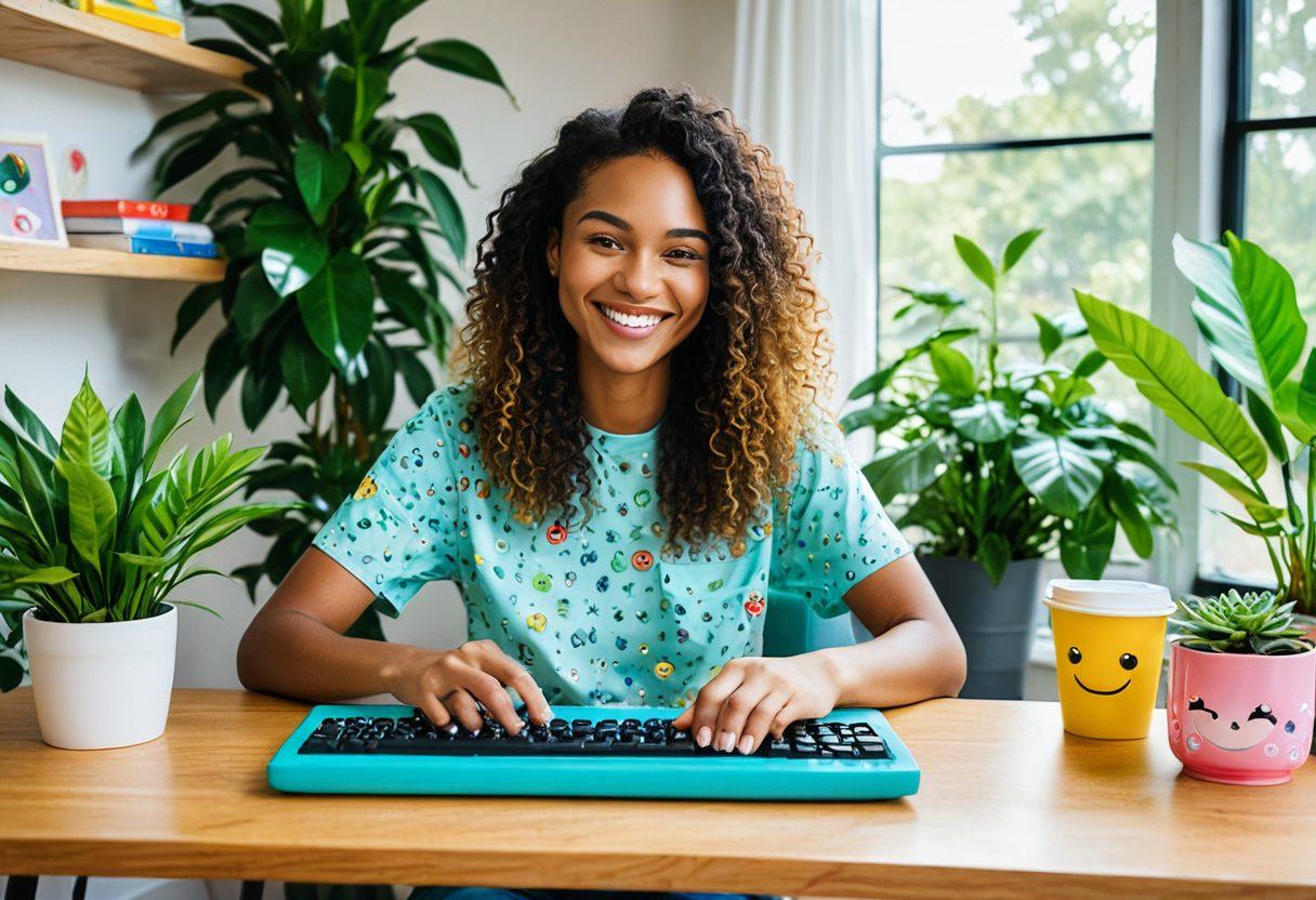 A bright and cheerful workspace featuring a colorful keyboard surrounded by joyful elements like emoji stickers, a steaming cup of coffee, and plants. Include a person typing energetically with a big smile, beams of light radiating to symbolize positivity. The background should have uplifting colors and imaginative patterns to evoke a sense of happiness. artistic style: vibrant colors. digital art.
