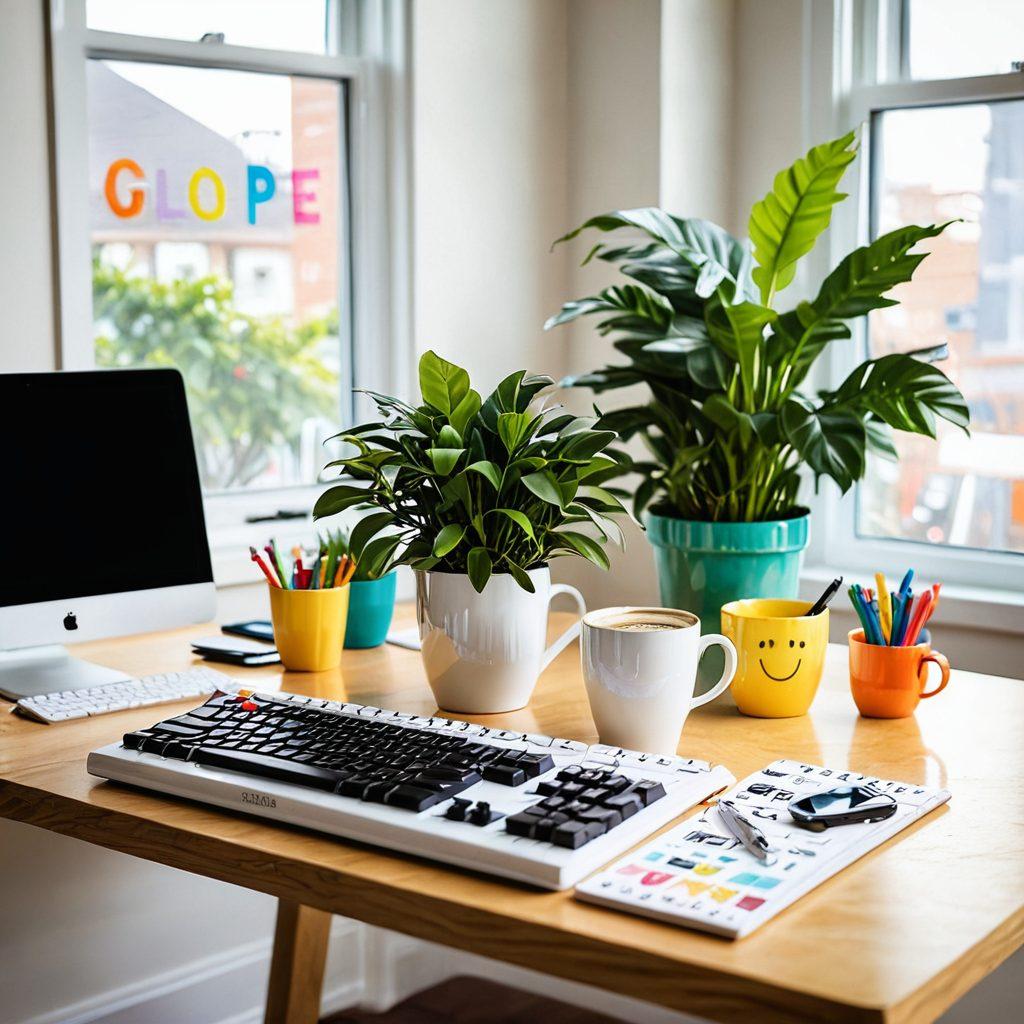 A colorful workspace featuring a vibrant keyboard with exaggeratedly cheerful keys, surrounded by floating musical notes and smiling emojis. Sunlight streams in through a window, illuminating a notepad filled with bright ideas. Include a cozy plant and a steaming mug of coffee to evoke a joyful atmosphere. playful and whimsical style. vibrant colors. white background.